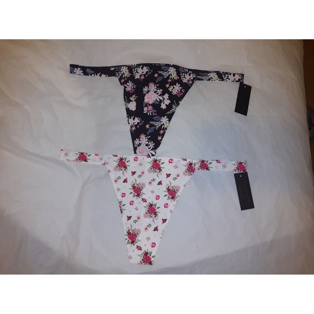 Youmita Large Seamless Laser Cut Thong 2 pair lot:Poppy Floral/Black Floral NWT
